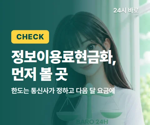 정보이용료현금화 먼저 볼 곳을 알려 주는 글과 함께 웃는 긴 머리 여성 24시 바로