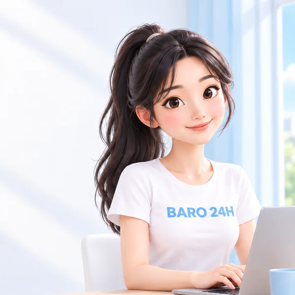 정보이용료현금화 노트북 앞에서 웃는 포니테일 여성 24시 바로