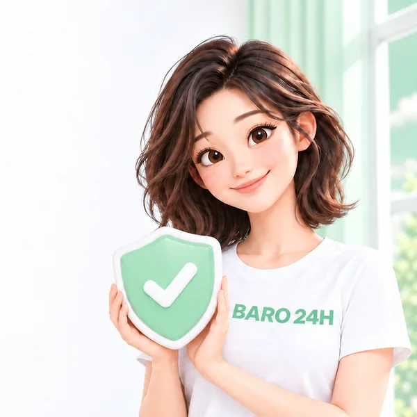 체크 방패를 안고 차분히 웃는 여성